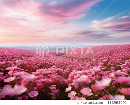 A cosmos field illuminated by the sunset 118965091