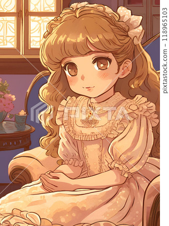 An illustration of a doll-like girl with golden wavy hair sitting on a sofa 118965103
