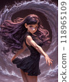 Anime girl in a black short dress, with wide curly hair, in the background a swirl of energy 118965109