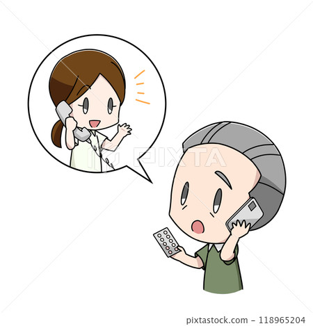Illustration of an elderly man consulting a pharmacist over the phone about medication Illustration of an elderly man consulting a pharmacist over the phone about medication 118965204