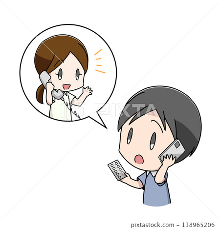 一名男子透過電話諮詢藥劑師有關藥物的插圖 118965206