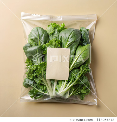 Sticker mockup for fresh green vegetables packaging. Blank light brown vertical rectangle paper on clear plastic bag for brand logo design on beige background. AI generated Sticker mockup for fresh green vegetables packaging. Blank light brown vertical rectangle paper on clear plastic bag for brand logo design on beige background. AI generated 118965248