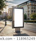 Poster billboard mockup. Blank white vertical advertising frame or light box by the outdoor city street background for media promotion template design. AI generated 118965249
