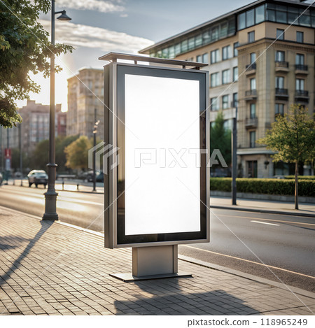 Poster billboard mockup. Blank white vertical advertising frame or light box by the outdoor city street background for media promotion template design. AI generated Poster billboard mockup. Blank white vertical advertising frame or light box by the outdoor city street background for media promotion template design. AI generated 118965249