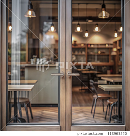 Logo poster promotion design mockup. Blank empty clear glass doors for advertising banner frame template mock up displayed at the front of cafe bar restaurant or coffee shop. AI generated Logo poster promotion design mockup. Blank empty clear glass doors for advertising banner frame template mock up displayed at the front of cafe bar restaurant or coffee shop. AI generated 118965250