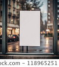 Poster promotion design mockup. Vertical empty white blank paper advertising logo banner frame template mock up displayed on window glass. AI generated 118965251