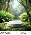 Natural stone podium forest background mockup. Round white rock on green moss for product mock up design. AI generated 118965252