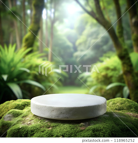 Natural stone podium forest background mockup. Round white rock on green moss for product mock up design. AI generated Natural stone podium forest background mockup. Round white rock on green moss for product mock up design. AI generated 118965252