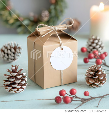 Christmas gift tag mockup. Top view round blank white circle sticker for brand logo label design with brown cardboard kraft paper box on blue wooden table background. AI generated Christmas gift tag mockup. Top view round blank white circle sticker for brand logo label design with brown cardboard kraft paper box on blue wooden table background. AI generated 118965254