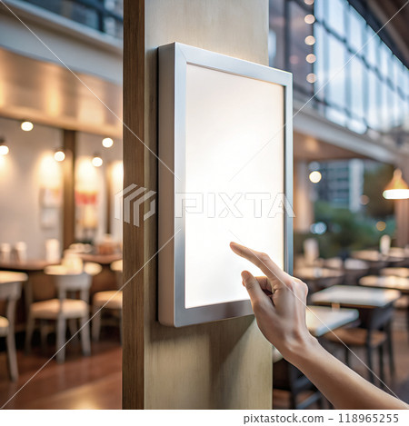 Self service screen mockup. Hand pointing at vertical white blank touch screen kiosk or tablet for food ordering or restaurant menu promotion information advertising design. AI generated Self service screen mockup. Hand pointing at vertical white blank touch screen kiosk or tablet for food ordering or restaurant menu promotion information advertising design. AI generated 118965255