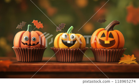 秋季糖果萬聖節南瓜紙杯蛋糕排列背景 秋季糖果萬聖節南瓜紙杯蛋糕排列背景 118965274