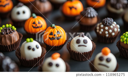 杯子裡的萬聖節巧克力迷你糖果背景 杯子裡的萬聖節巧克力迷你糖果背景 118965275