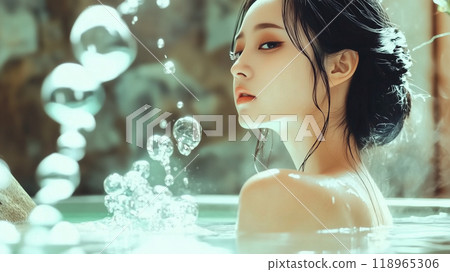 A beautiful young asian woman at outdoor onsen. with professional composition, commercial photography, 8K, masterpiece, ultra-high definition,The cinematic photography is high-resolution and hyper-rea 118965306