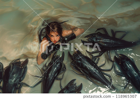 A girl in some strange liquid and she is attacked by monsters that look like big shrimps A girl in some strange liquid and she is attacked by monsters that look like big shrimps 118965307