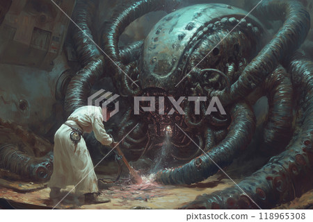 tired engineer woman cleaning lampreys from the hyperdrive core, surreal space opera 118965308