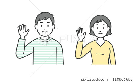 Upper body illustration of an adult man and woman raising one hand in greeting 118965693