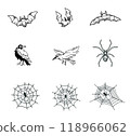 Bundle of Bats, Crow and Spiders Illustration, Halloween Witchcraft Elements, Outline Handdrawn Style 118966062
