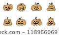 Bundle of Halloween Smiling Pumpkins Illustration, Halloween Vibe and Elements, Colored Happy Pumpkin Set, Colored Handdrawn Style 118966069