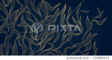 Vector gold line algae, grass, plant illustration. Luxury leaves wavy design, under sea floral background. Vector gold line algae, grass, plant illustration. Luxury leaves wavy design, under sea floral background. 118966541