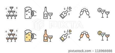 Alcohol icon set: Cheers, beer, wine, champagne, cocktails 118966666