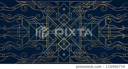 Vector abstract east, korean geometric background with line clouds. Gold on blue ornament, frame with swirls. Vector abstract east, korean geometric background with line clouds. Gold on blue ornament, frame with swirls. 118966734