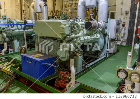 Marine engine. Diesel generator. Engine room interior. 118966738