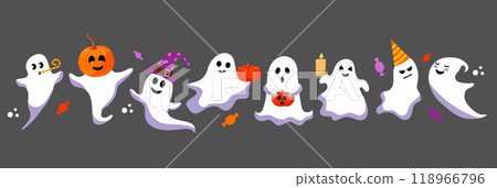 Cute funny ghost set. Halloween cartoon characters vector illustration. 118966796