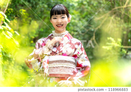 A woman in a kimono walking around town 118966883