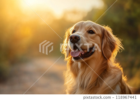 Joyful Golden Retriever in Warm Sunset Glow 118967441