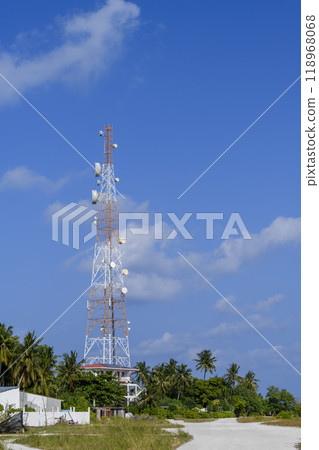 Telecommunication tower of GSM cellular mobile radio antenna. Radio tower on tropical island. 118968068