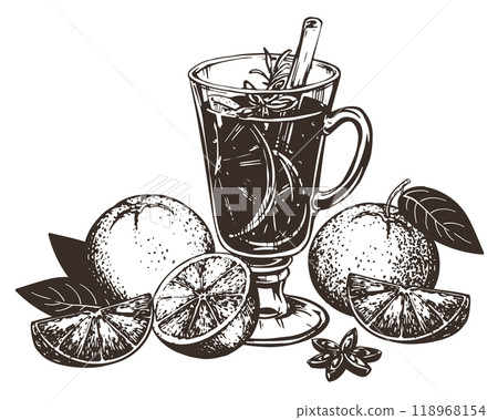 Mulled wine with cinnamon stick, star anise. Glass with warm wine and oranges. Hand drawn vector illustration. Engraved style of winter alcoholic warming drink with spices. Drawing for menu. 118968154