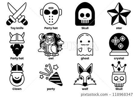 Set of illustrations in the concept of party and Halloween in line drawing style. 118968347