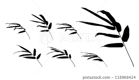 Branch of bamboo leaves on white background isolated. Vector illustration line art drawing. Botanical hand drawn element. Black and white element. Branch of bamboo leaves on white background isolated. Vector illustration line art drawing. Botanical hand drawn element. Black and white element. 118968424