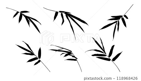 Branch of bamboo leaves on white background isolated. Vector illustration line art drawing. Botanical hand drawn element. Black and white element. Branch of bamboo leaves on white background isolated. Vector illustration line art drawing. Botanical hand drawn element. Black and white element. 118968426