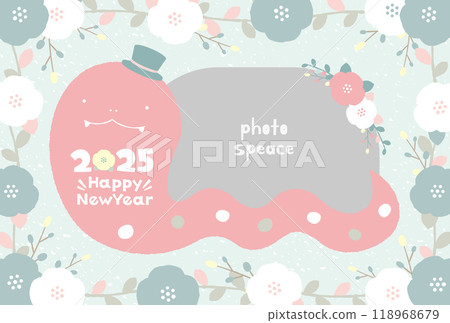 2025 Year of the Snake Modern and cute stylish photo frame New Year's card with snake and flowers_light blue 118968679
