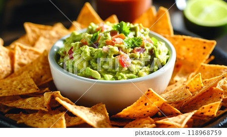 Guacamole topped with diced tomatoes and served with tortilla chips Guacamole topped with diced tomatoes and served with tortilla chips 118968759
