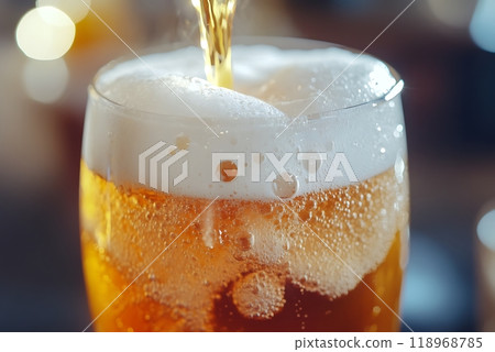 Freshly poured beer with frothy foam in a glass 118968785