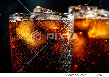 Two chilled cola glasses filled with ice cubes and sparkling bubbles 118969259
