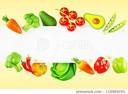 Healthy food poster 3d render. Organic vegetable frame on yellow background. Banner template with border of fresh tomato, avocado, broccoli, pepper, carrot, green peas and cabbage. 3D illustration 118969291
