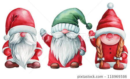 Festive holiday gnomes, watercolor painting cute winter friends isolated. Playful watercolor Christmas cheer clipart Festive holiday gnomes, watercolor painting cute winter friends isolated. Playful watercolor Christmas cheer clipart 118969386