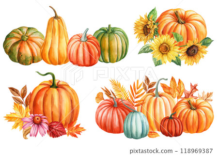 Pumpkins, leaves isolated background, watercolor painting fall illustration, Festive holiday decorations autumn clip art 118969387