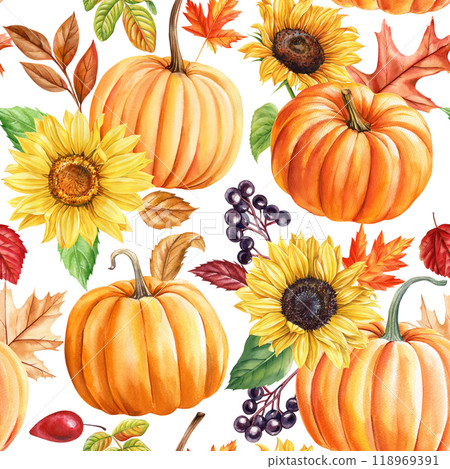 pumpkins, leaves and sunflower flowers watercolor seamless pattern. Bright fall thanksgiving, harvest festival design 118969391