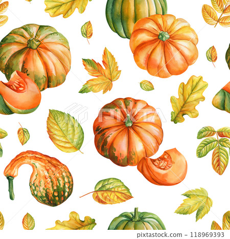 Colorful pumpkins, fall foliage seamless pattern. Autumn watercolor hand-painted nature pattern for seasonal designs Colorful pumpkins, fall foliage seamless pattern. Autumn watercolor hand-painted nature pattern for seasonal designs 118969393