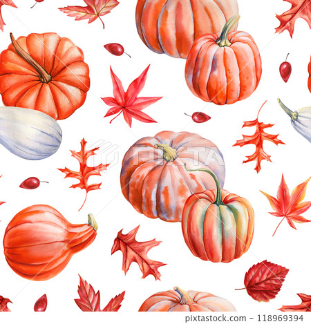 Colorful pumpkins, fall foliage seamless pattern. Autumn watercolor hand-painted nature pattern for seasonal designs 118969394