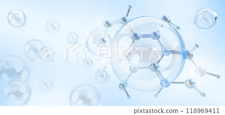 3d light blue background with collagen cell pattern and dna for skin care render. Hyaluronic acid bubble, liquid cosmetic sphere with water molecule. Face and body moisture essence. 3D illustration 3d light blue background with collagen cell pattern and dna for skin care render. Hyaluronic acid bubble, liquid cosmetic sphere with water molecule. Face and body moisture essence. 3D illustration 118969411