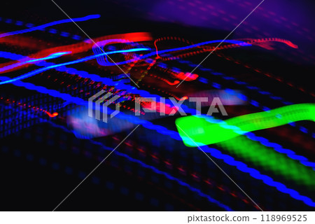 bright colored lines and trace using long exposure from musical equipment bright colored lines and trace using long exposure from musical equipment 118969525