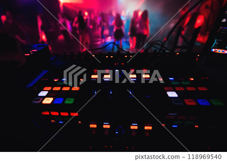 glowing colorful buttons on mixer DJ party night club for dancing 118969540