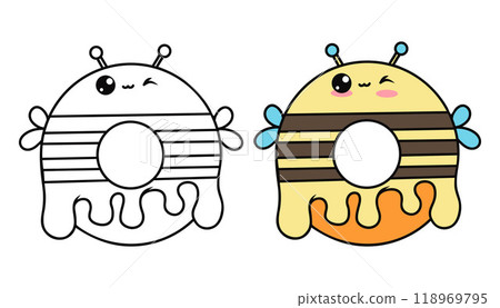 Cute sweet donut bee. Isolated colored and outline stroke funny cartoon kawaii character food. Line drawing, coloring book. Vector illustration. Kids collection Cute sweet donut bee. Isolated colored and outline stroke funny cartoon kawaii character food. Line drawing, coloring book. Vector illustration. Kids collection 118969795