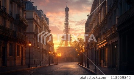 Generative AI Image of Majestic Eiffel Tower with Path Way Apartment Home House Sunset Sunrise Sky 118969843