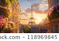 Generative AI Image of Majestic Eiffel Tower in City Town with Flowers at Sunset Sunrise Sky 118969845